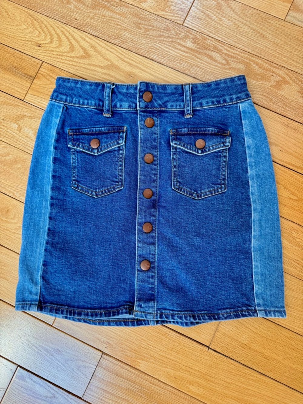 Madewell Two-Tone Blue Denim Button Mini Skirt